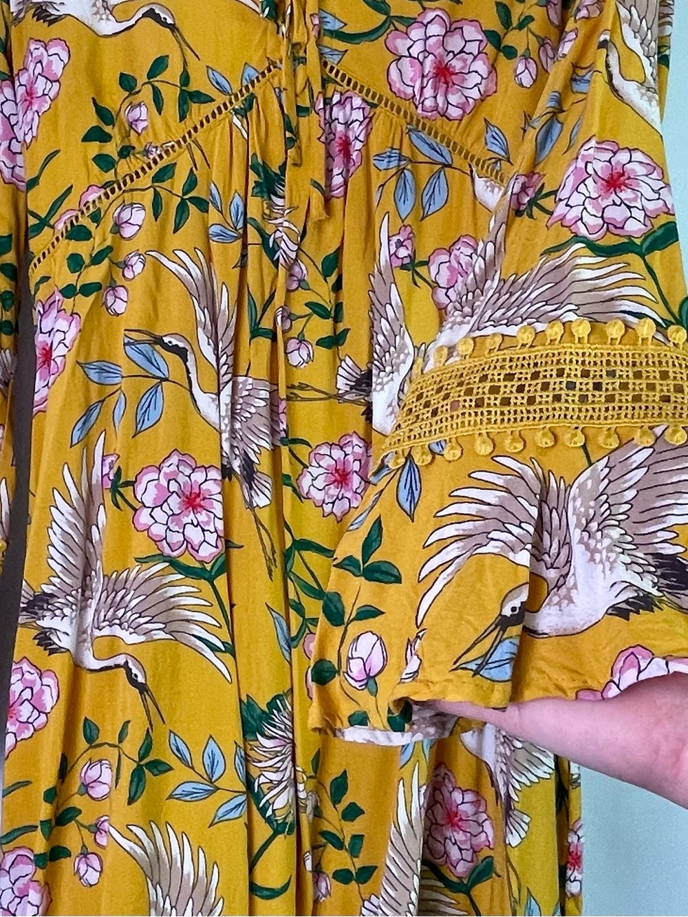 Xhilaration Yellow Boho Mini Dress with Pink Flowers & Cranes Size Small - Picture 6 of 15